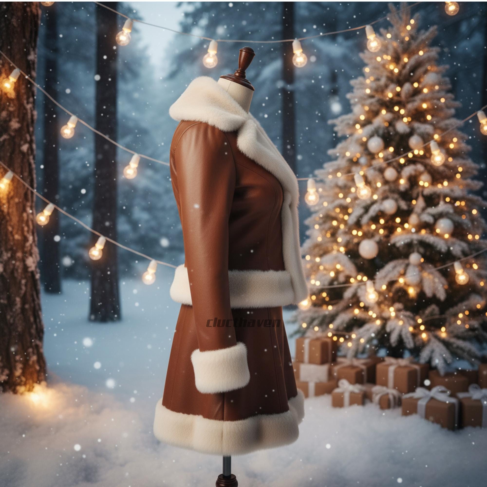 Women Brown Leather Christmas Costume, Festive Holiday Outfit, Faux Fur Trim Jacket and Skirt Set, Winter Party Dress, Santa Style Costume