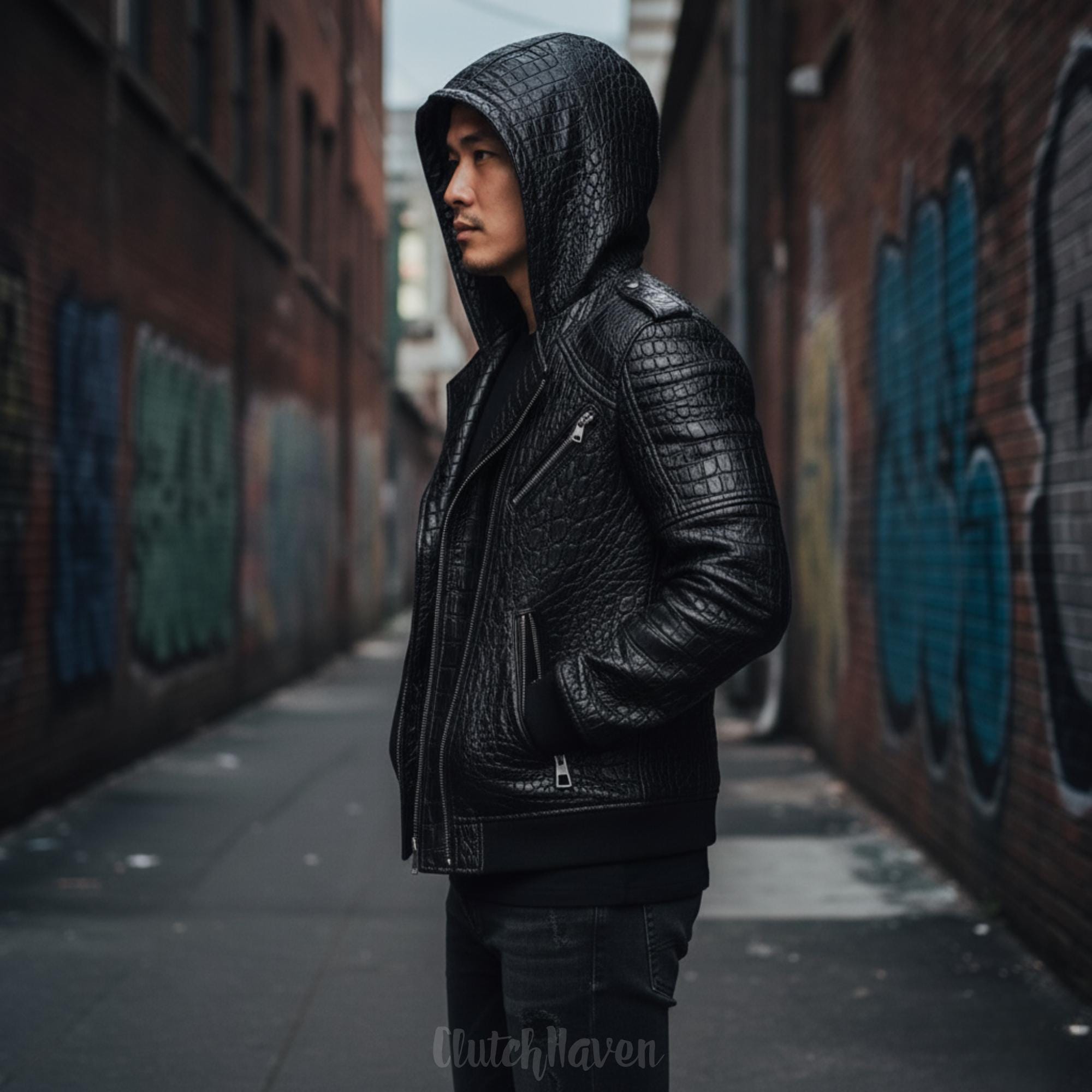 Axis Black Crocodile Pattern Leather Jacket | Men's Biker Style | Handmade Luxury Leather Jacket | Streetwear Fashion | Custom Fit Available