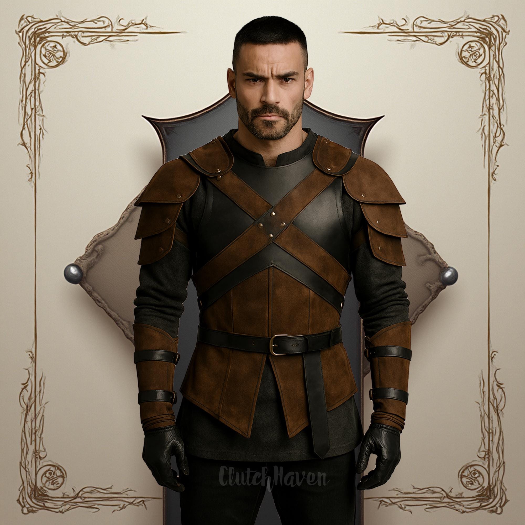 Shadow Guardian Leather Armor Set | Medieval Knight Costume | Leather Chest Armor with Arm Guards | Fantasy Warrior Outfit for Cosplay, LARP